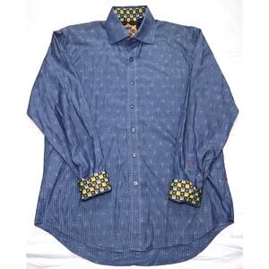 Robert Graham Shirt Men’s Size Medium Blue Striped Button Up Flip Cuff Cotton
